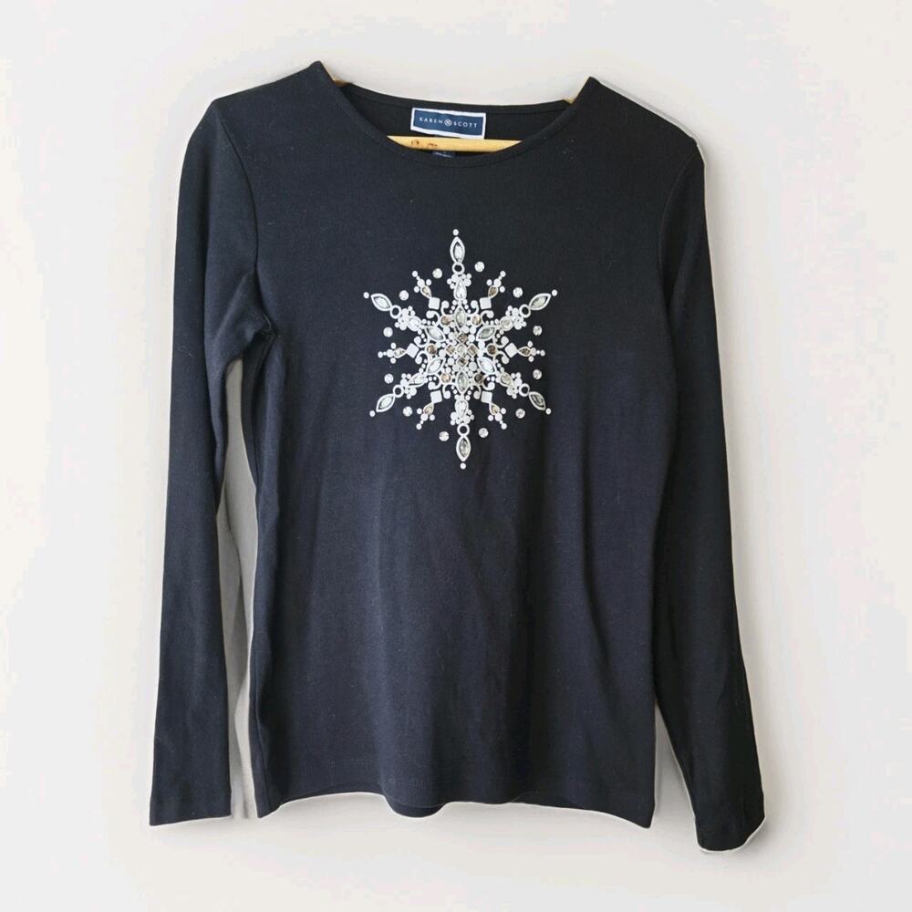 Karen Scoot Snowflake Womens Sweater Black Size S Long Sleeve